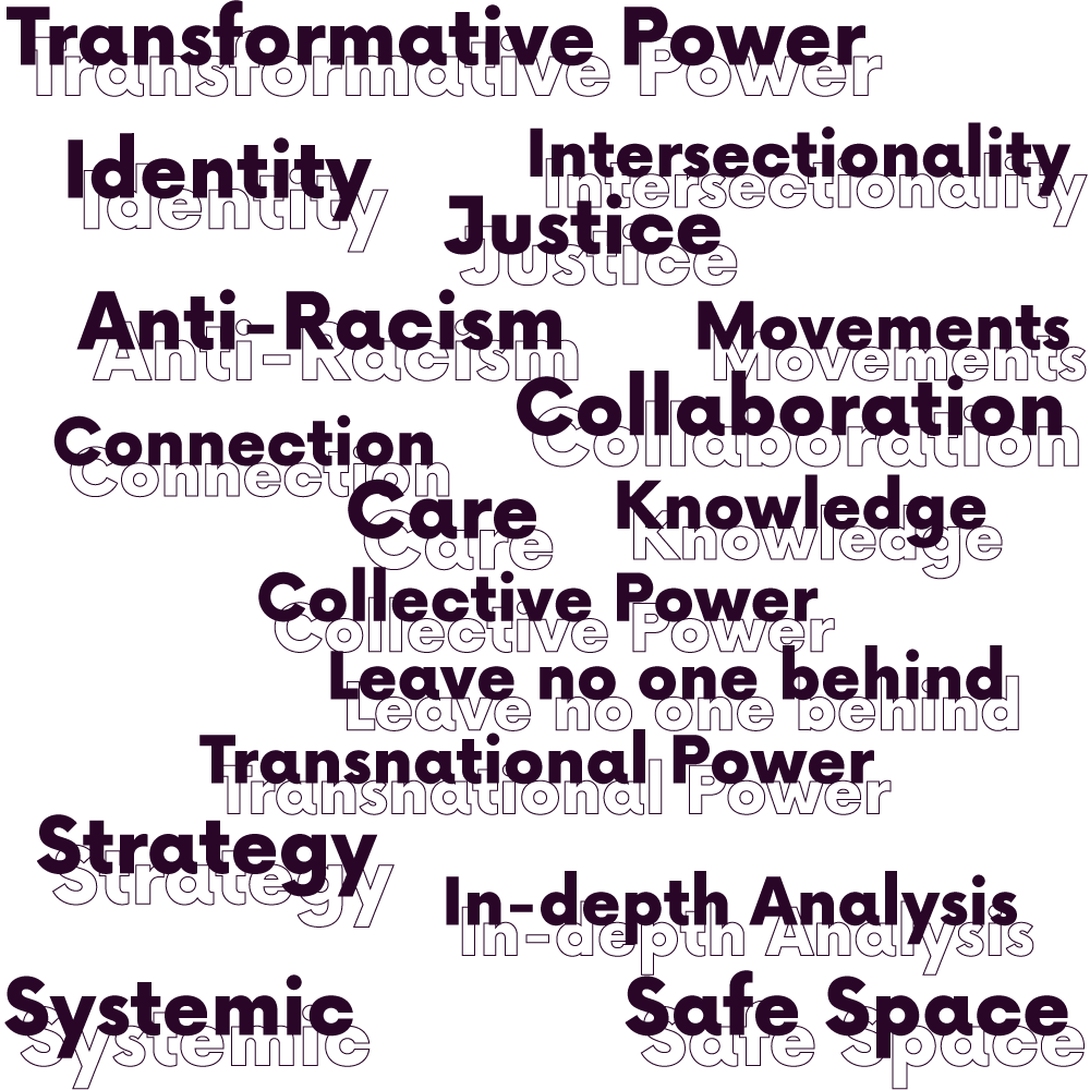 word cloud of these words: Transformative Power
Identity
Intersectionality
Justice
Movements
Collaboration
Anti-Racism
Connection
Knowledge
Collective power
Care
Leave no one behind
Transnational Power
In-depth analysis
Strategy
Systemic
Safe Space
